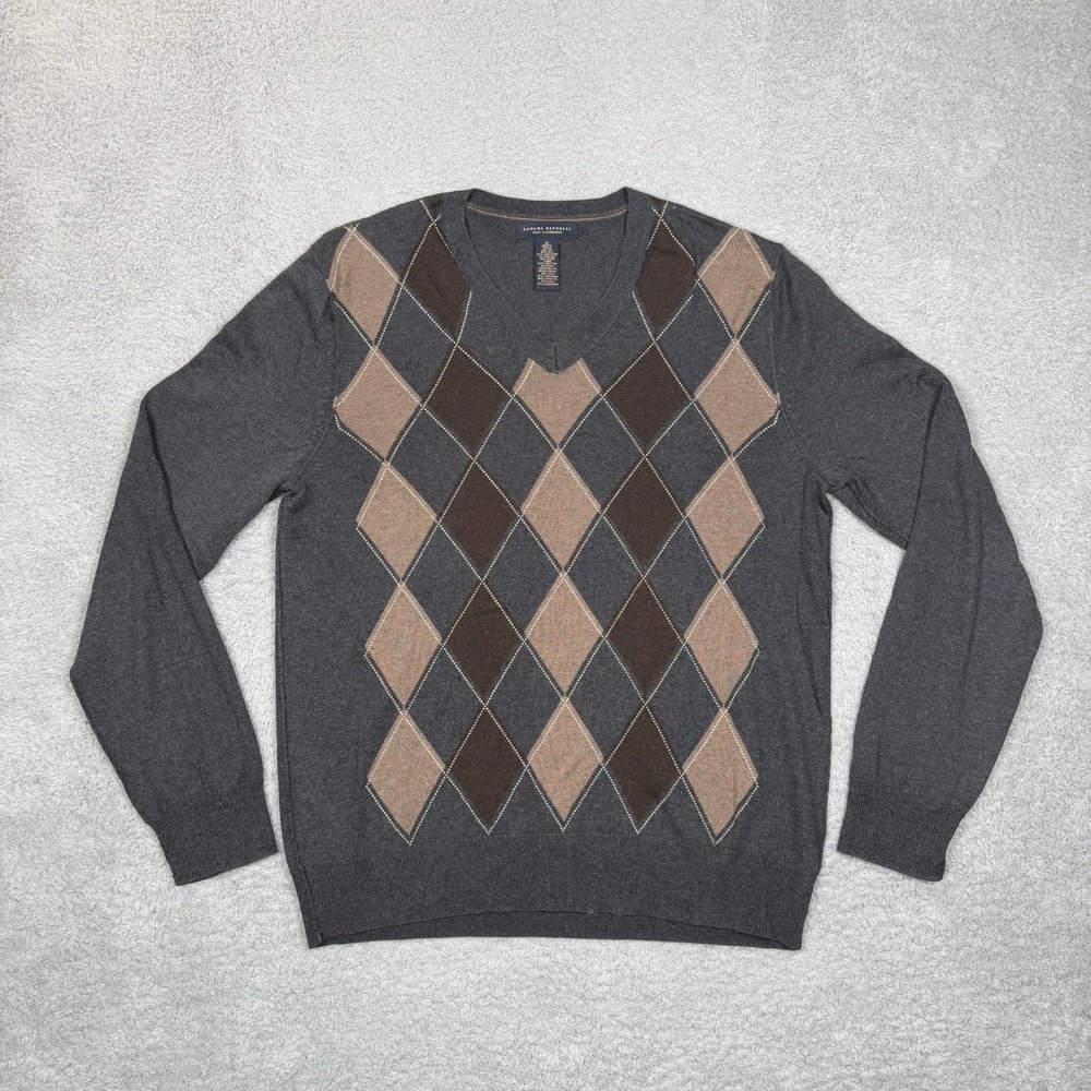 Banana Republic Mens Silk Cashmere Argyle V-Neck‎ Sweater Charcoal Grey Medium